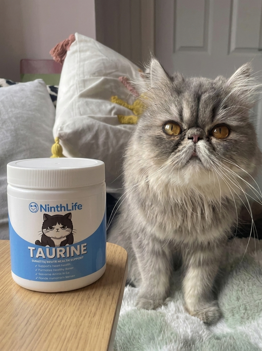 Senior Persian cat beside NinthLife taurine powder