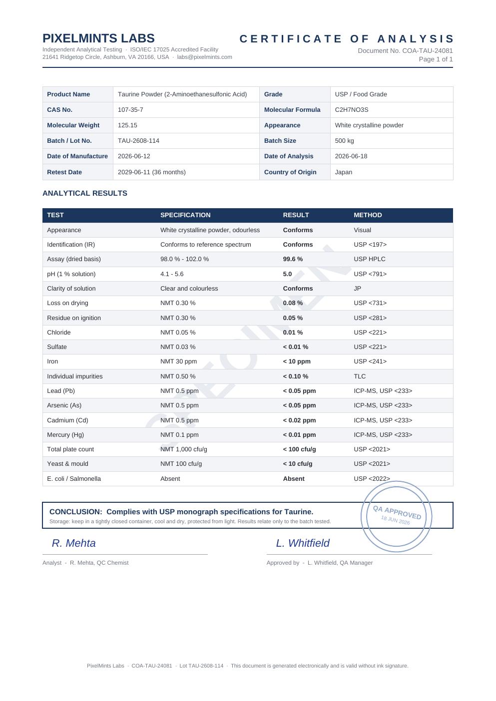 Batch document page for NinthLife taurine
