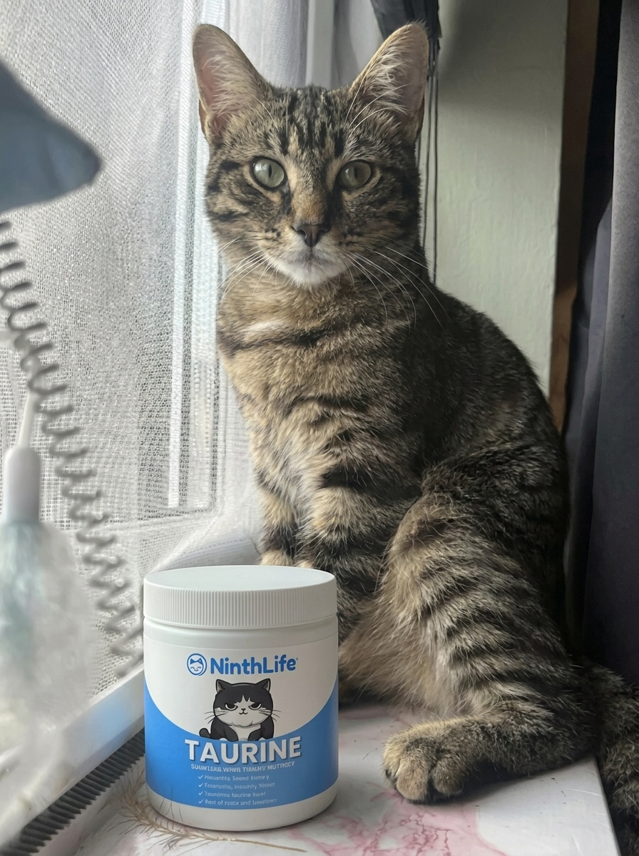 Long-haired cat sitting beside a NinthLife taurine tub