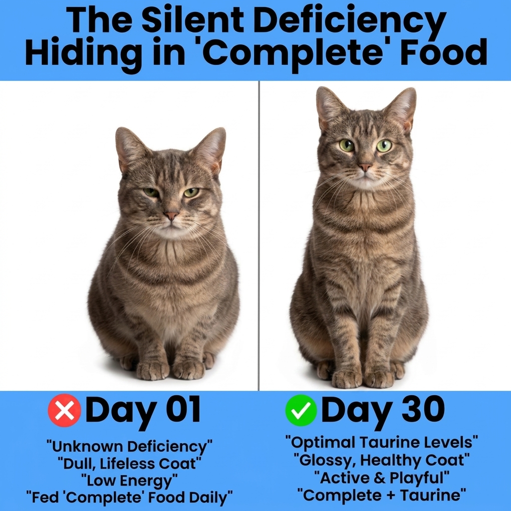 Comparison of a cat's condition on a complete diet versus a complete diet with added taurine