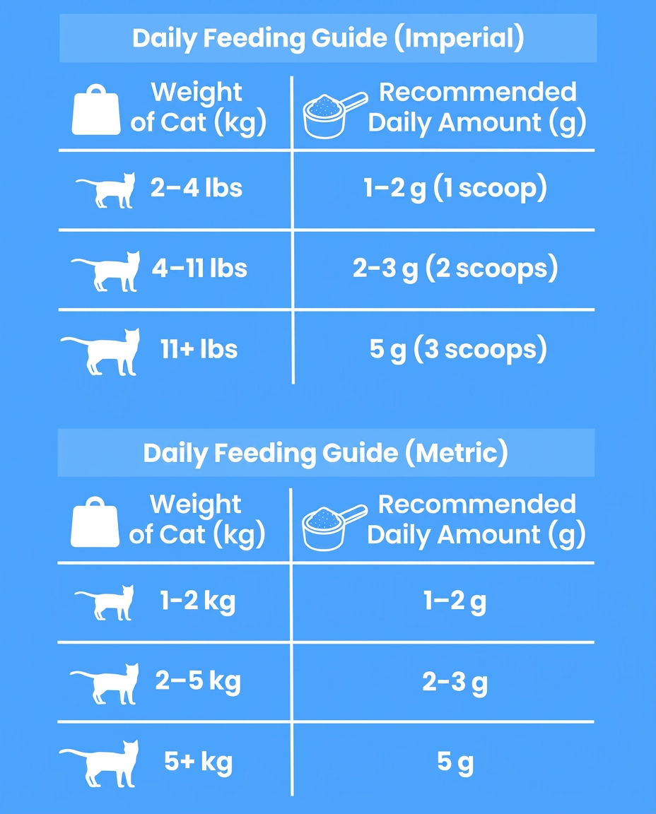 NinthLife daily feeding guide chart showing taurine amounts by cat weight in imperial and metric
