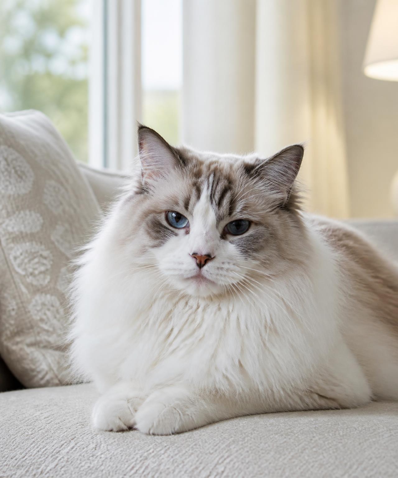 Beloved older ragdoll cat resting at home in natural light