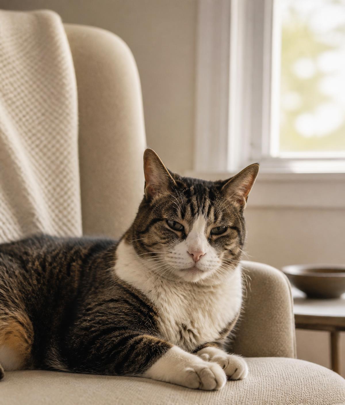 Older tabby cat resting peacefully in a softly lit home